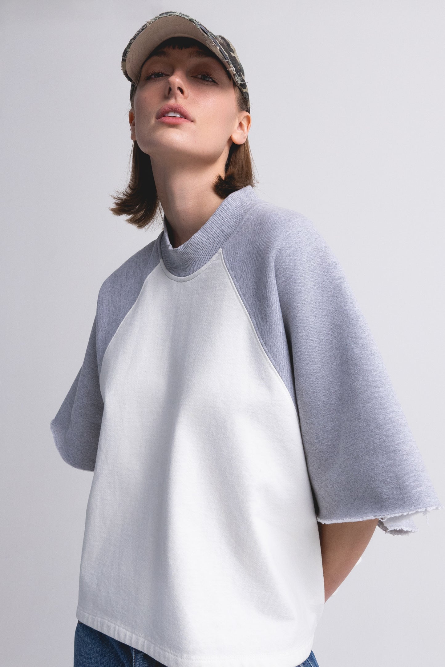 RAGLAN SMOCK T-SHIRT : WHITE/HEATHER GRAY