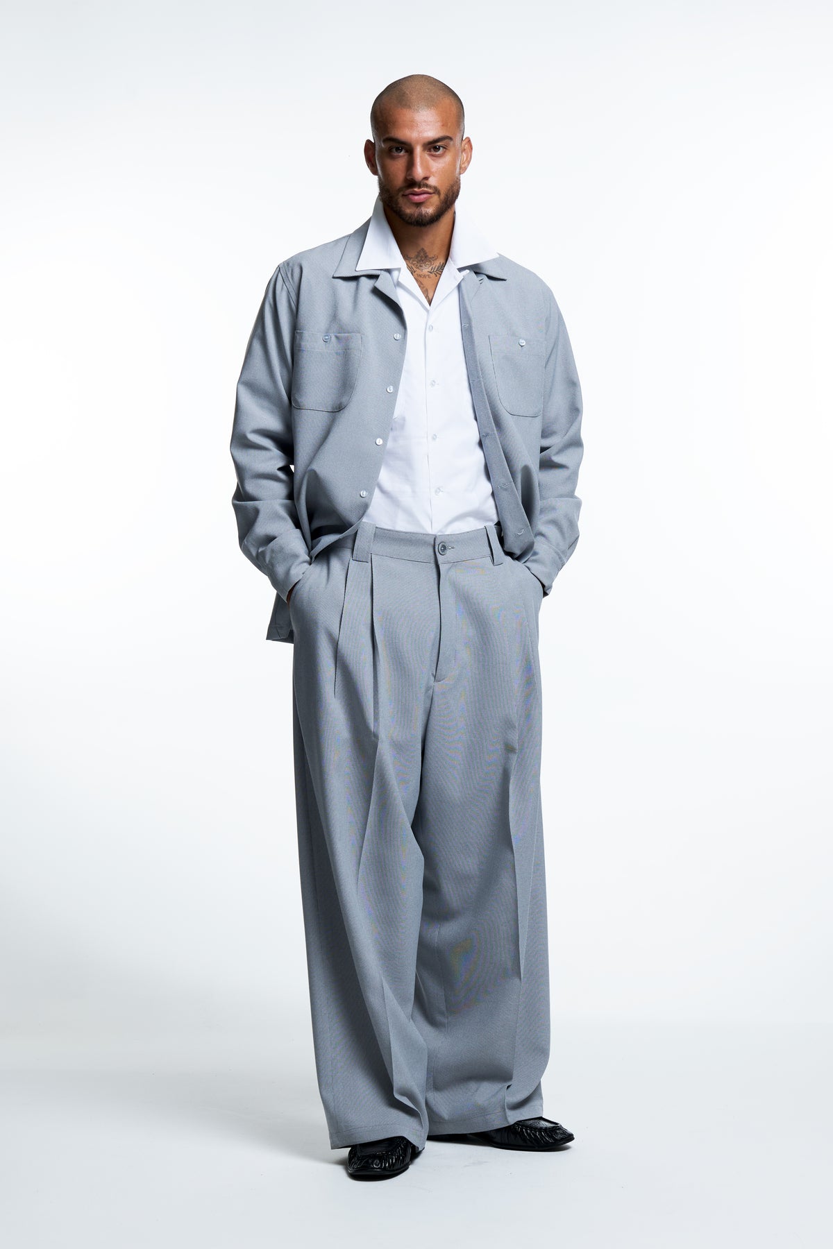 CAMP COLLAR SHIRT : GRAY SUITING