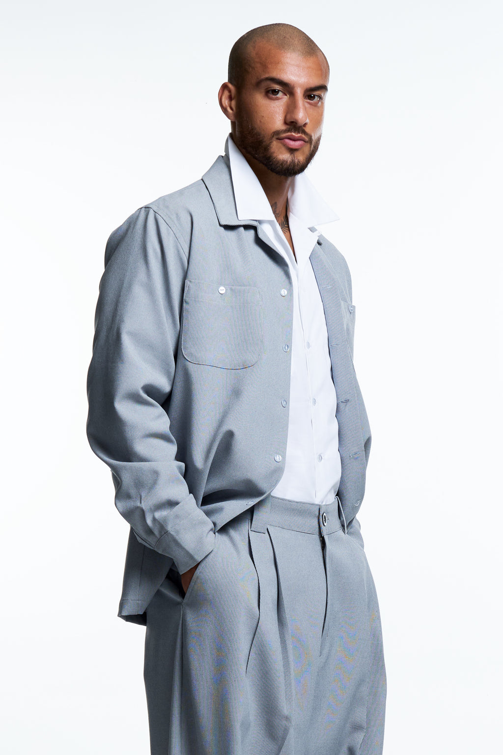 CAMP COLLAR SHIRT : GRAY SUITING