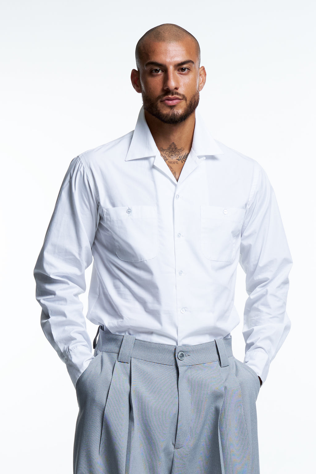 CAMP COLLAR SHIRT : WHITE COTTON POPLIN