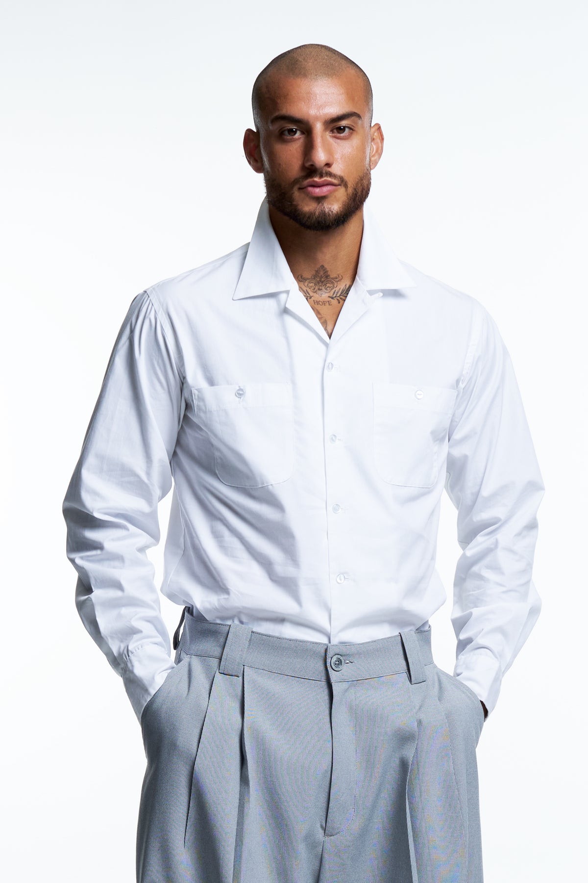 CAMP COLLAR SHIRT : WHITE COTTON POPLIN