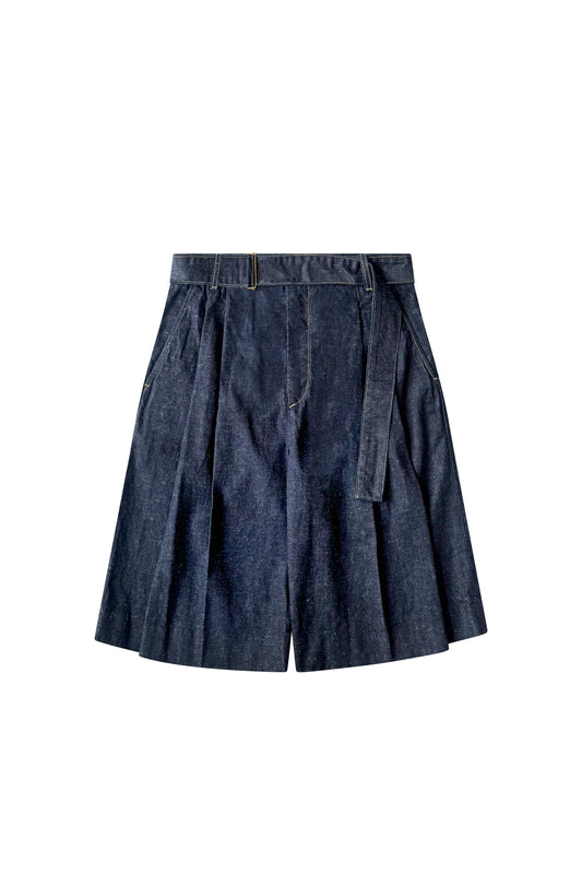 PLEATED WORK SHORTS : SPECKLED DENIM